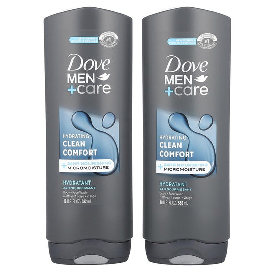 Dove Men+Care Body and Face Wash for healthier, stronger skin Clean Comfort fights dry skin 18 Fl Oz (Pack of 2)