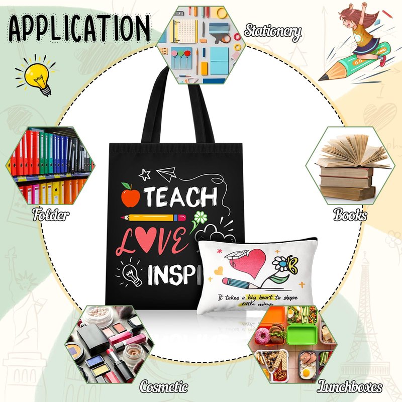 Blosssound 12 Pcs Teacher Appreciation Gift for Women Canvas Tote Bag Thank You Teacher Cosmetic Makeup Bag(Dark)