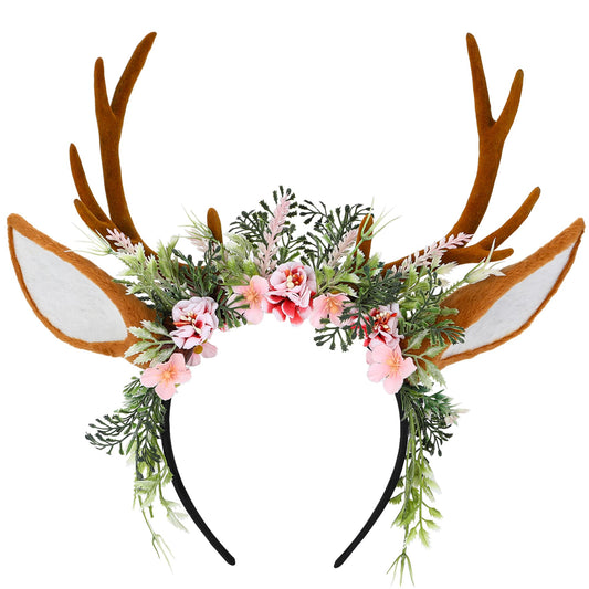 MOSTORY Handmade Antler Headband Brown - Adjustable Reindeer Horns Crown with Ears Fairy Flower Woodland Headpiece for Renaissance Christmas Cosplay Prom Fae Ball Costume Photo Prop