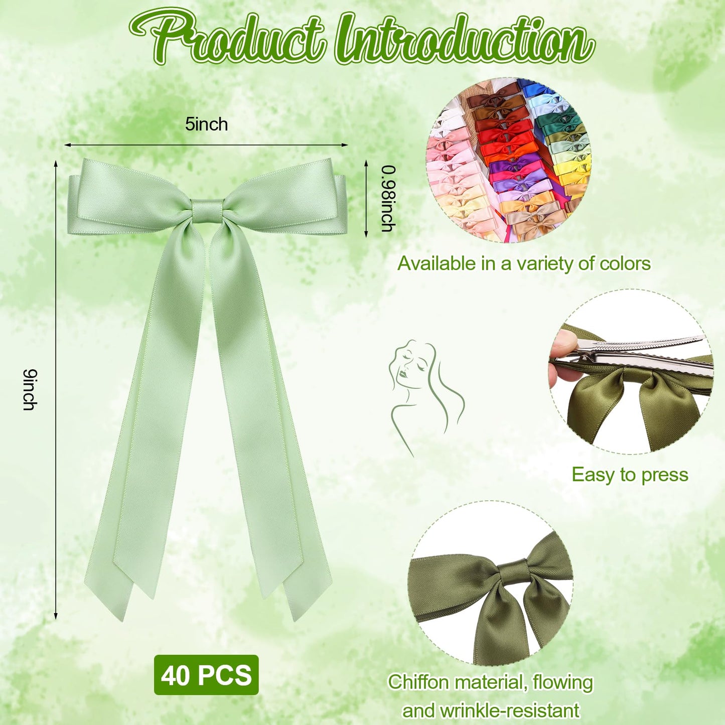 40Pcs Satin Hair Bows Bulk Big Hair Bows for Women Large H-air Ribbons Silky Satin Oversized H-air B-ows Long Tail for Women Oversized Long Tail Ribbons Large Knot Clips Barrettes for Holiday Gifts