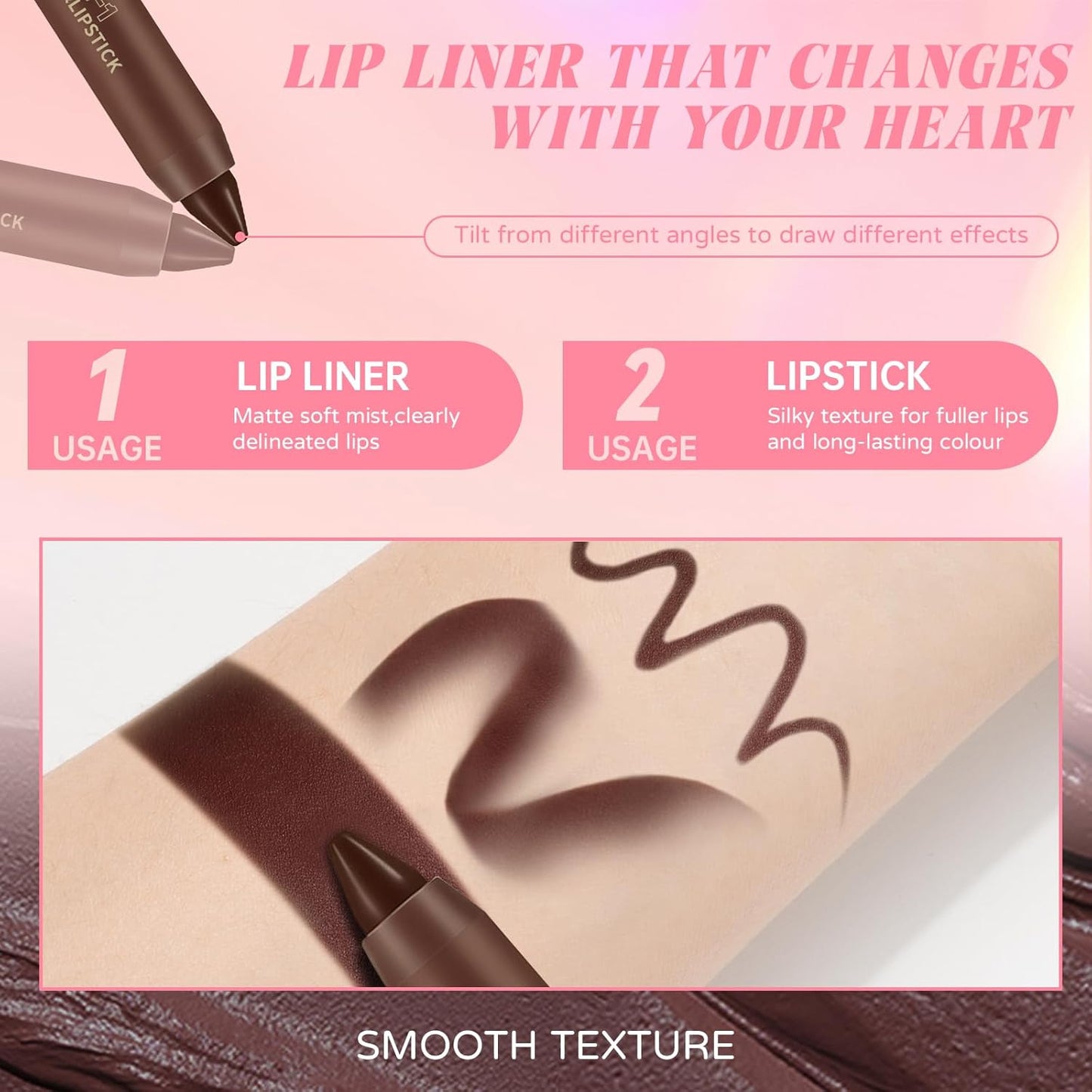 Nourishing Glowing Lip Oil & Ombre Lip Liner Set - Moisturizing Rose Pink Lip Tint Crayon Combo for Women