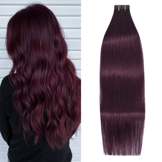 WindTouch Tape in Hair Extensions Wine Red Remy Silky-Smooth Straight Burgundy 20 Pcs 16Inch #99j 30g Invisible Tape in Hair Extensions Human Hair