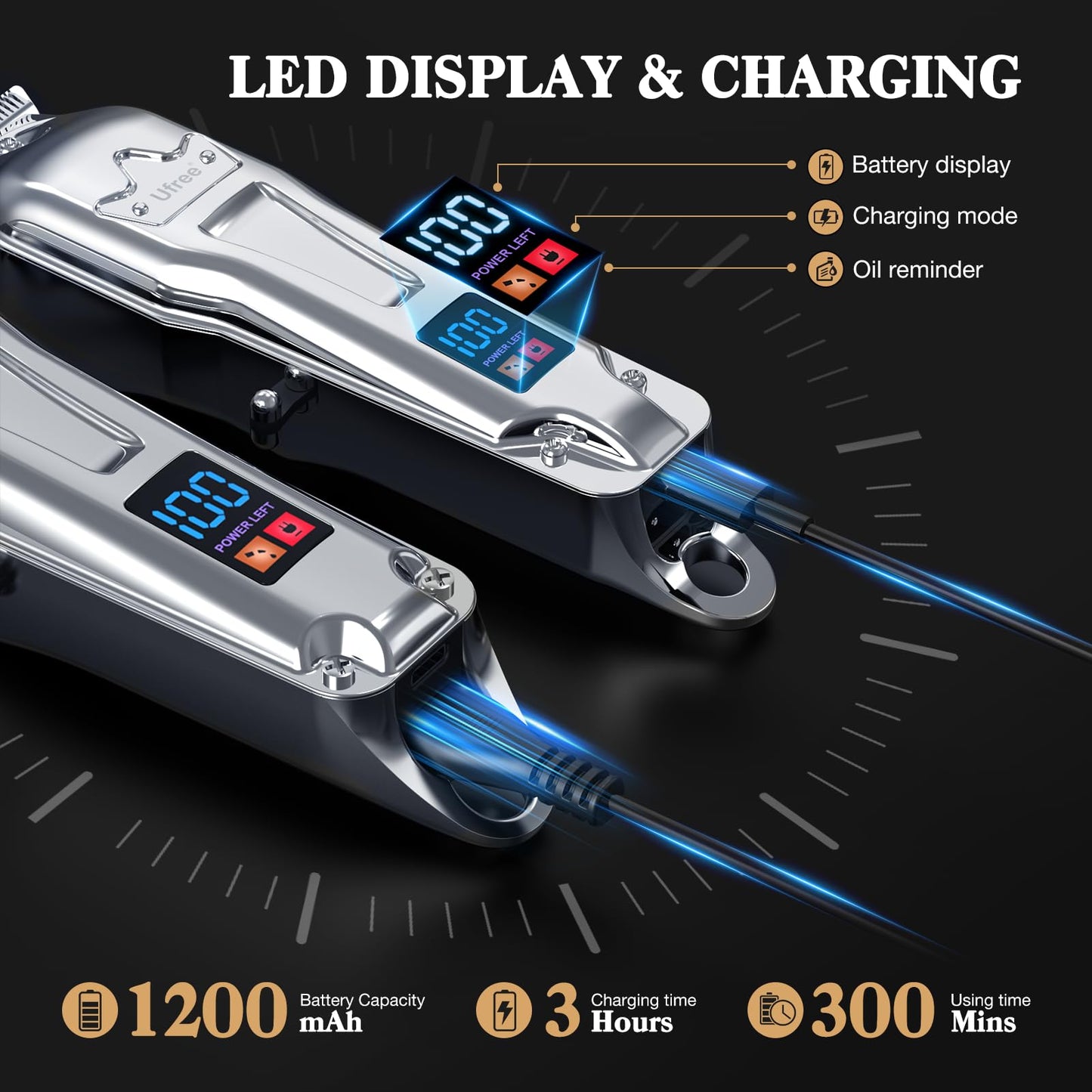 Ufree Hair Clippers for Men Professional, Barber Clippers and Trimmers Set, Cordless Hair Clippers for Hair Cutting Kit with LED Display, Electric Hair Trimmer, Gifts for Men, Silver