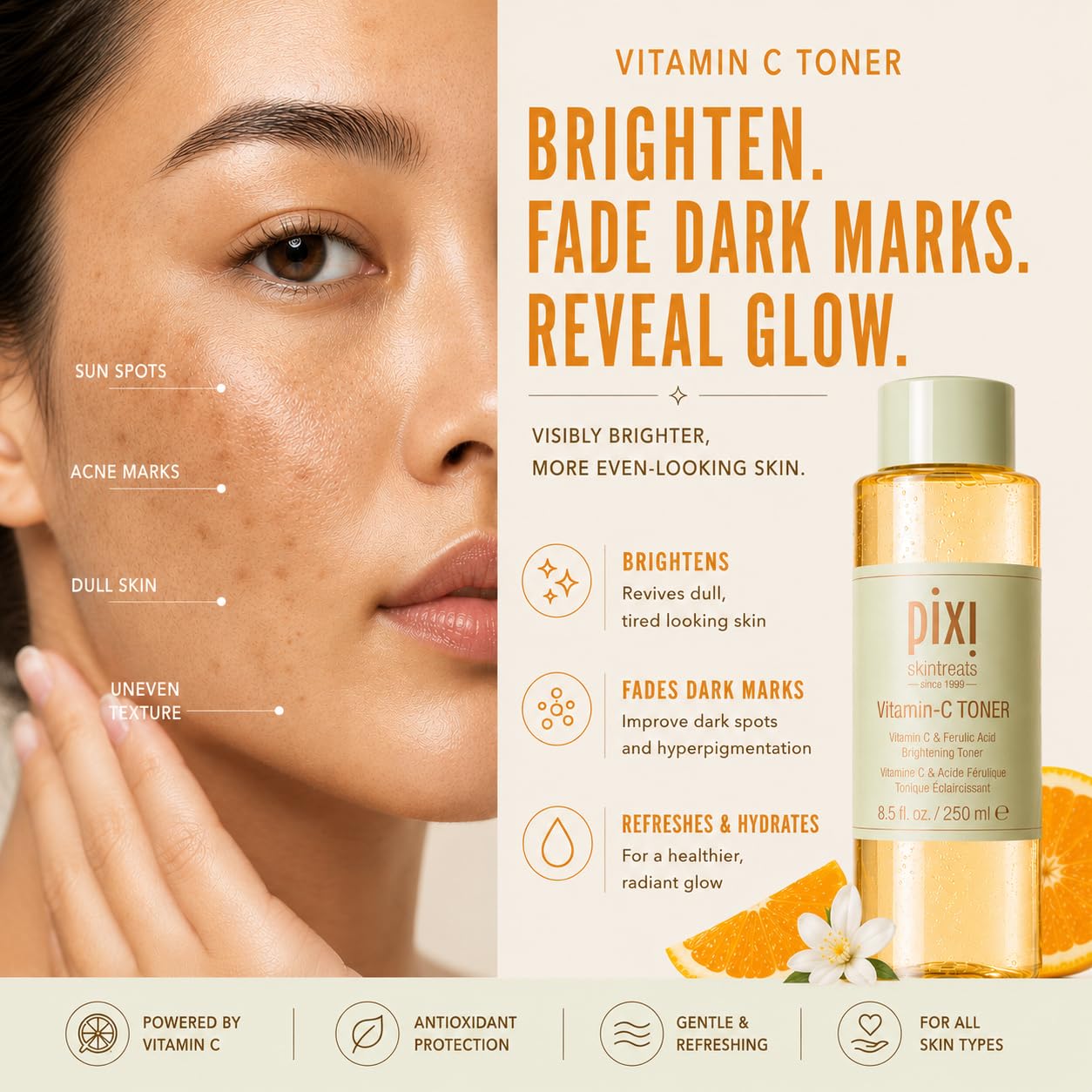 Pixi Vitamin-C Toner Tonic | Fade Dark Spots & Brighten Skin | Vitamin C & Ferulic Acid, with Probiotics | Boost Skin Luminosity, Brighten Dull Skin, Alcohol Free Daily Toner (250ml / 8,5 fl oz)