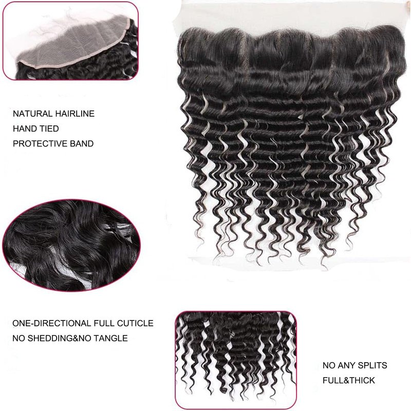 13x4 Ear To Ear Deep Wave Lace Closure 13x4 Deep Wave Lace Frontal Human Hair 180% Density Natural (13x4 Deep Wave, 16 Inch)