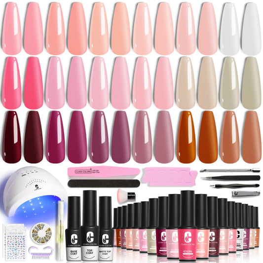 Clara Colors Gel Nail Polish, 18 Colors Nude Pink Brown Cherry UV Gel Nail Polish Set and Base Top Coat with UV Light Set Kit , Soak off Gel Polish Nail Art For Women