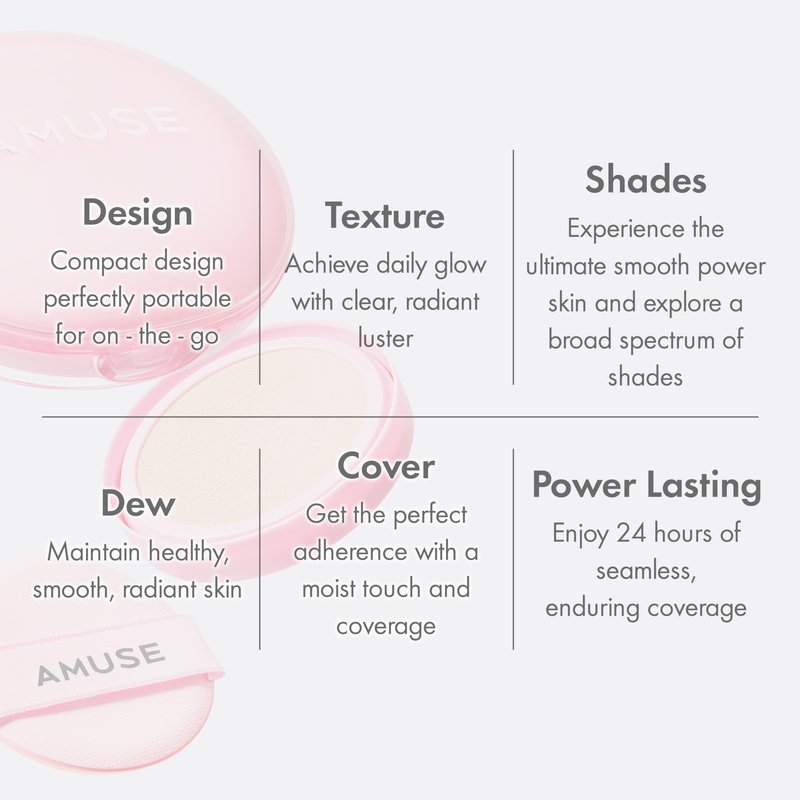 AMUSE SEOUL Dew Power Vegan Cushion Foundation (01 PURE) - Semi Glow, Full Coverage, Dewy Finish, Long Lasting, Lightweight, Smooth Radiant Skin, Vegan, Korean Beauty Makeup