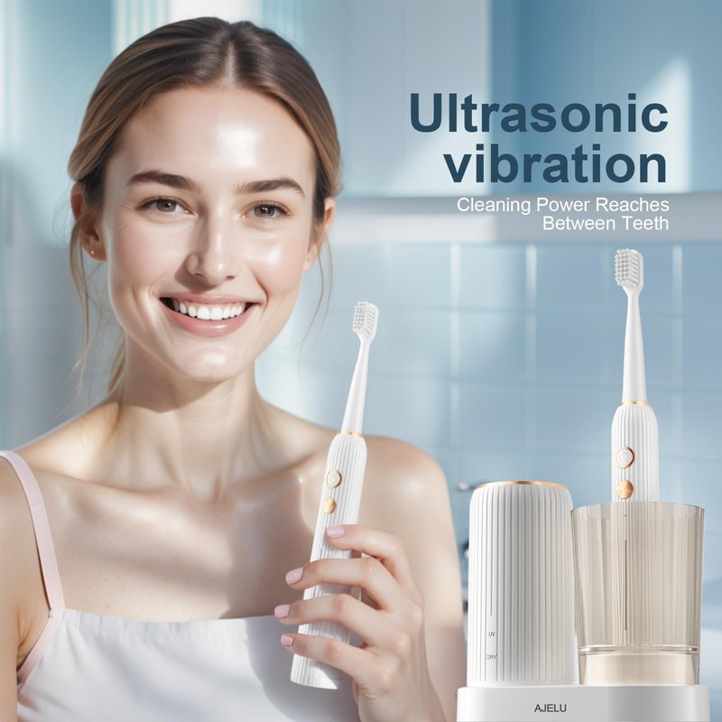 AJELU Electric Toothbrush Set with Drying & Sanitizing Holder, 8 Replacement Brush Heads, Transparent Rinse Cup, Smart Timer, USB Rechargeable for Adults