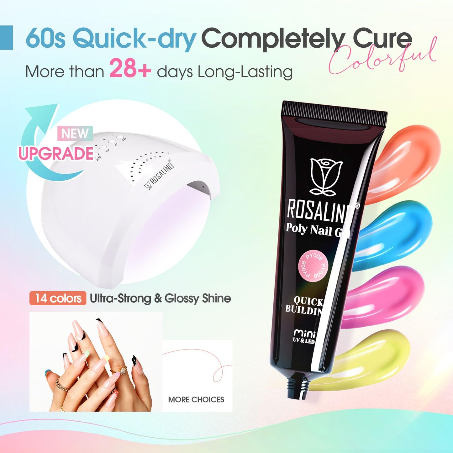 ROSALIND Poly Nail Gel Kit, 14 Colors Clear Nude Glitter Poly Nail Gels Kit with U V Light Poly Nails Gel Starter Kits For All Seasons Beginner DIY at Home