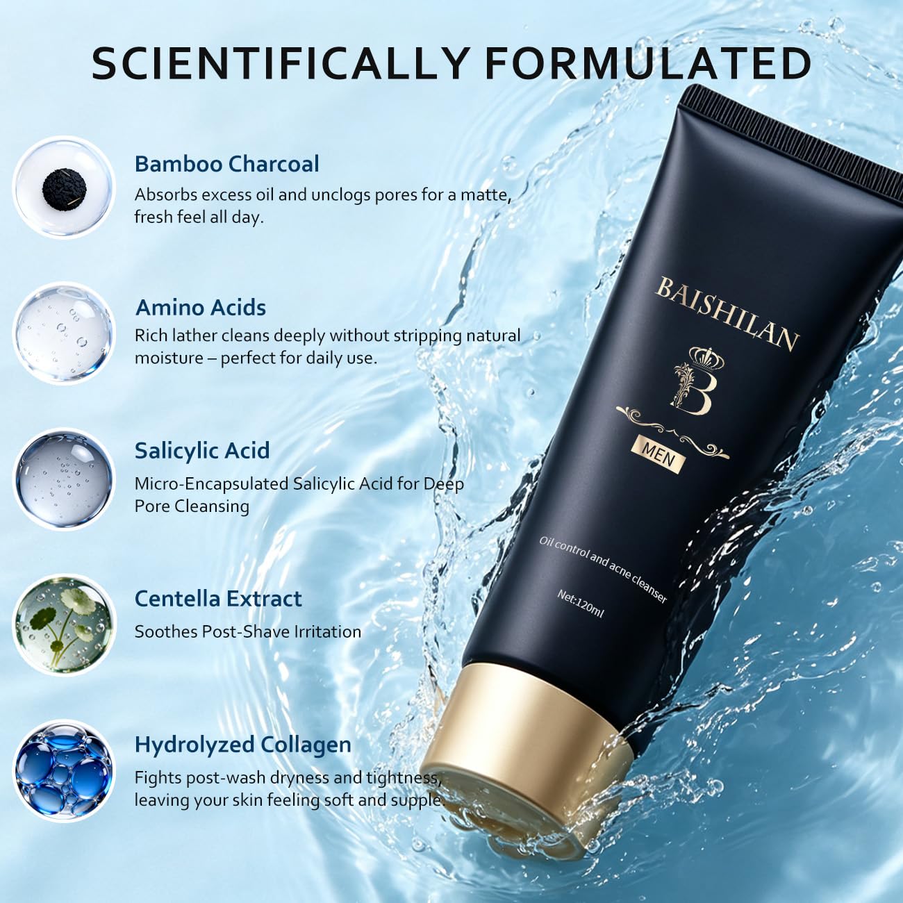 baishilan Men's Oil Control Face Wash, Exfoliating Face Wash Deeply Cleanses to Unclog Pores， Amino Acid Facial Cleanser, Daily Skincare for Men, Suitable for Oily & Sensitive Skin 4.23 Fl Oz