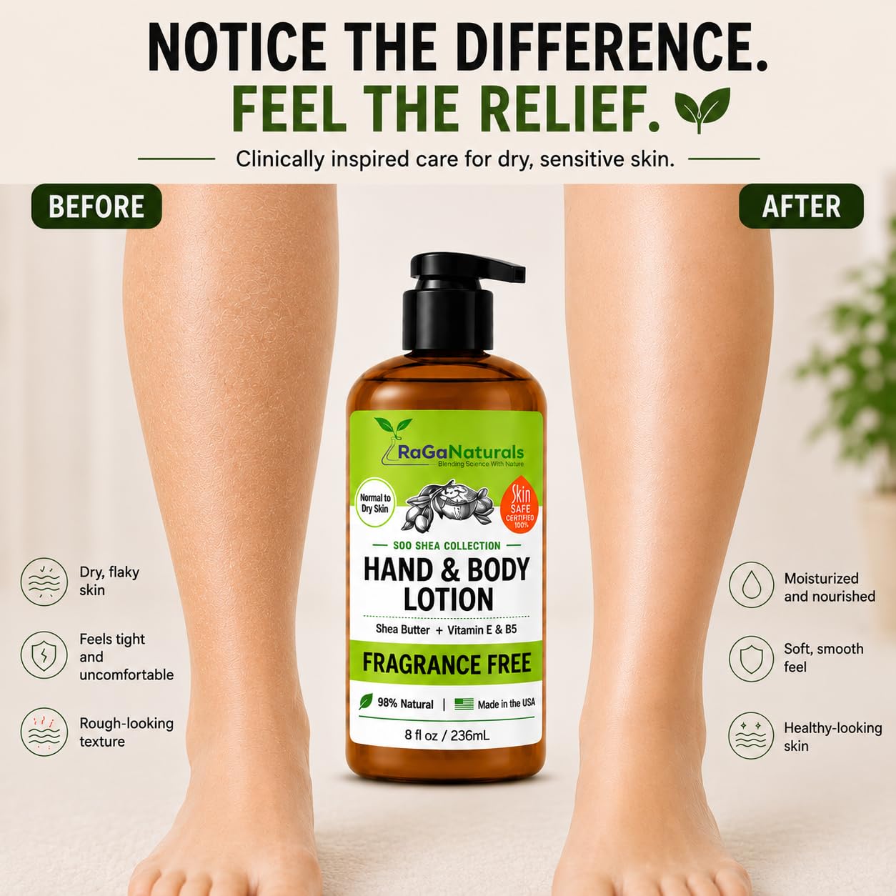 RaGaNaturals Natural Unscented Body Lotion for Dry Skin with Shea Butter and Vitamin E & B5 - Hydrating, Nourishing, Fragrance Free Hand Moisturizer With Organic Essence - For Women, Men, Kids - 8 Oz