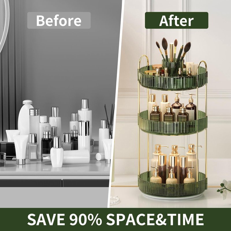 360° Rotating Makeup Organizer, Large-Capacity Skincare Make Up Storage 3 Tier Perfume Organizers Cosmetic Dresser Organizer with Makeup Brush Holder, Fits Bedroom, Bathroom, Vanity Shelf Countertop