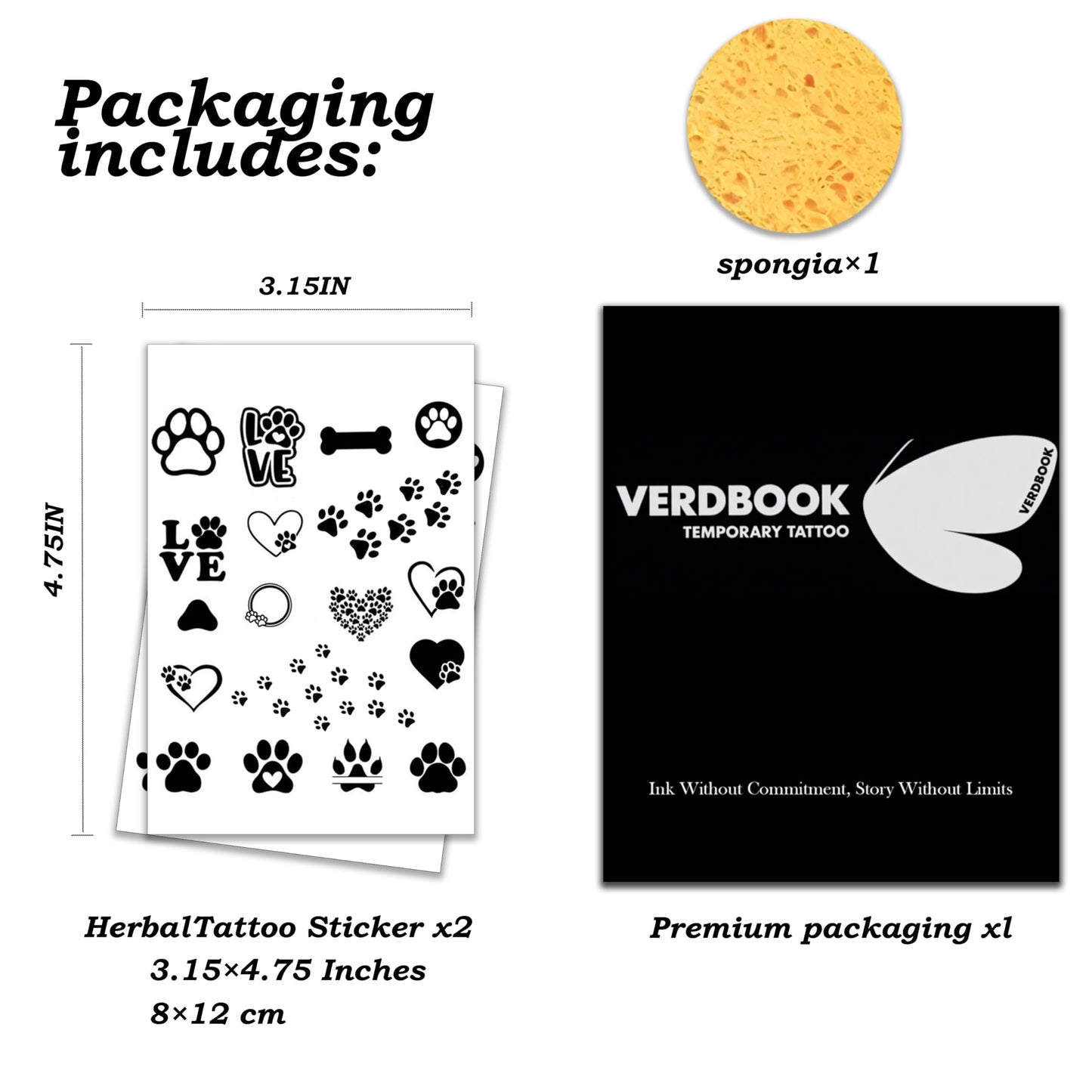 VERDBOOK Waterproof Temporary Tattoos: 2-Sheet Tattoo Kit with Realistic Body Stickers, Semi-Permanent Tattoos for Adults Lasting 7-15 Days – Safe for Men & Women, Paw Motif Set