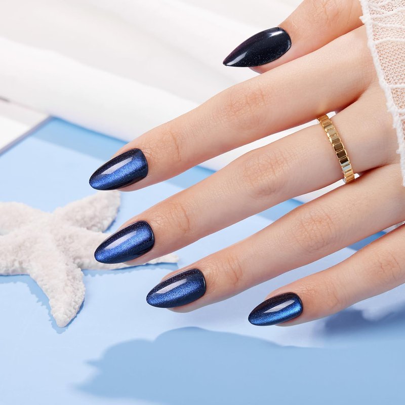 VSALON Press on Nails Short Almond - Blue Cat Eye Chrome Glue On Nails Kit for Women, Reusable Opaque Gel Stick on Nails For 4th of July with Glue & Cuticle Oil - 32 PCS Fake Nails in 16 Sizes