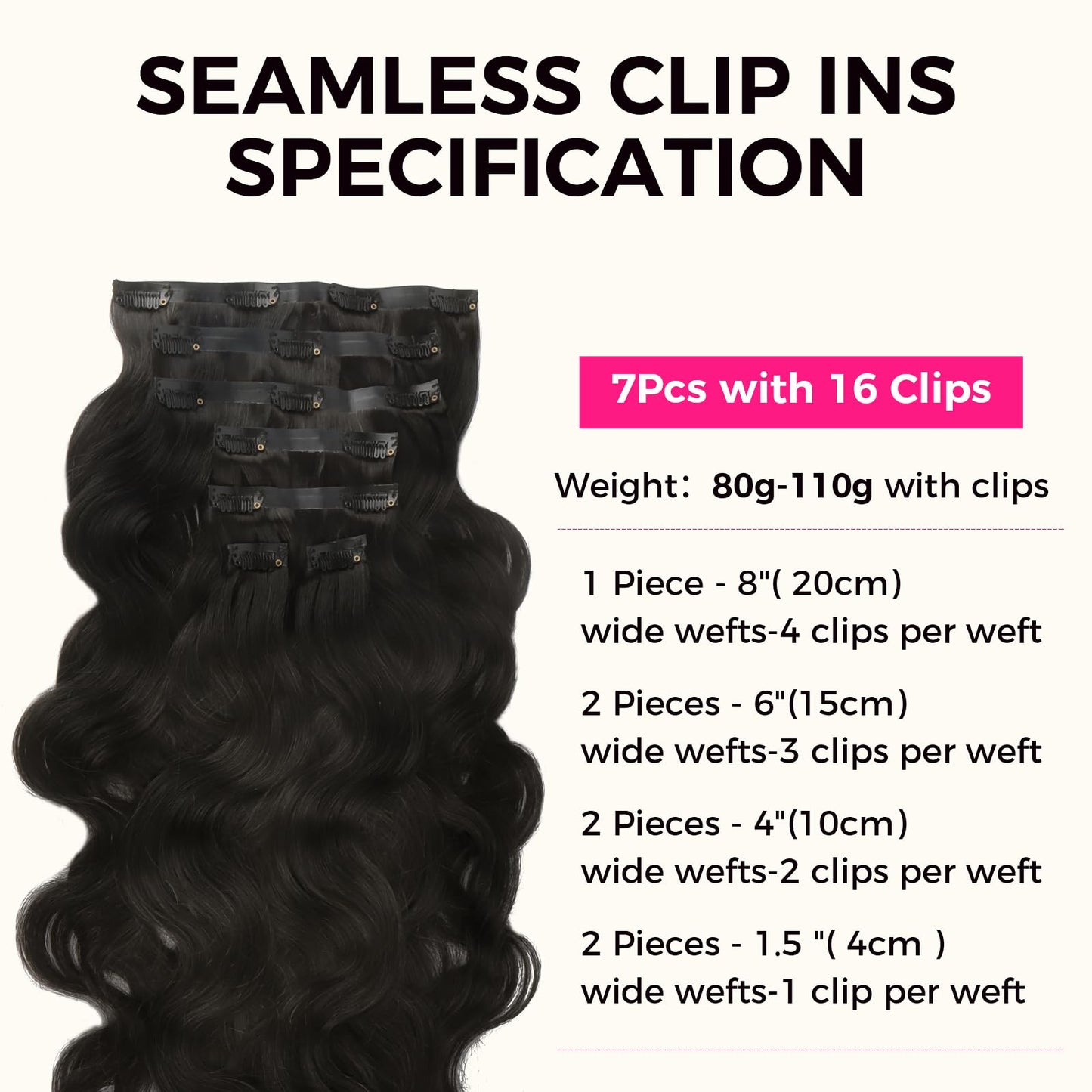 Lashey Seamless Clip in Hair Extensions Remy Human Hair Extensions, 110g 7pcs Body Wave Natural Black Clip in Hair Extensions Real Soft Human Hair Natural Black Human Hair Extensions 14 Inch