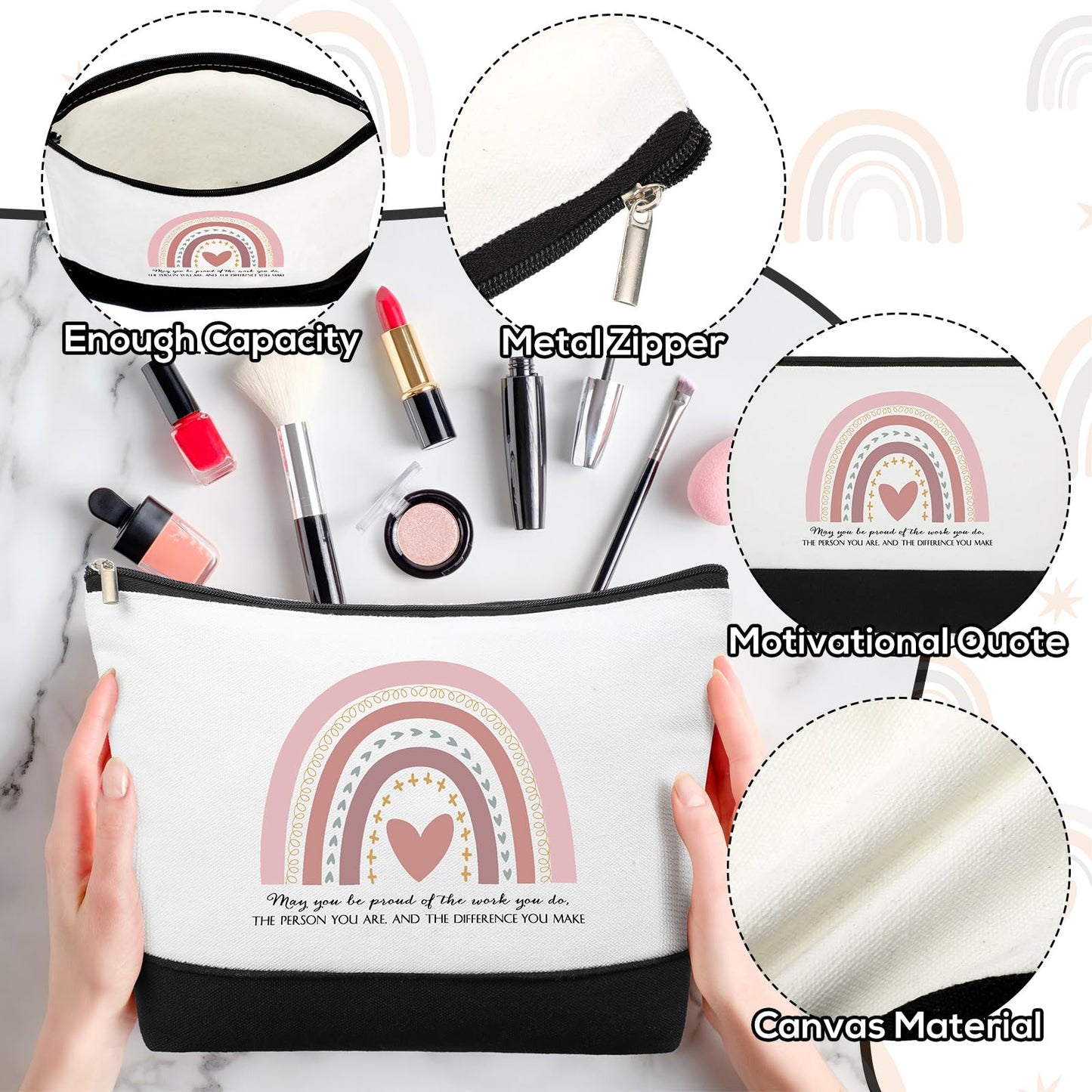 20 Pcs Boho Inspirational Gifts Cosmetic Bags May You Be Proud Gift Pouch Motivational Gift Rainbow Canvas Cosmetic Bag with Zipper Appreciation Makeup Bags for Women Nurse Week Teacher Employee
