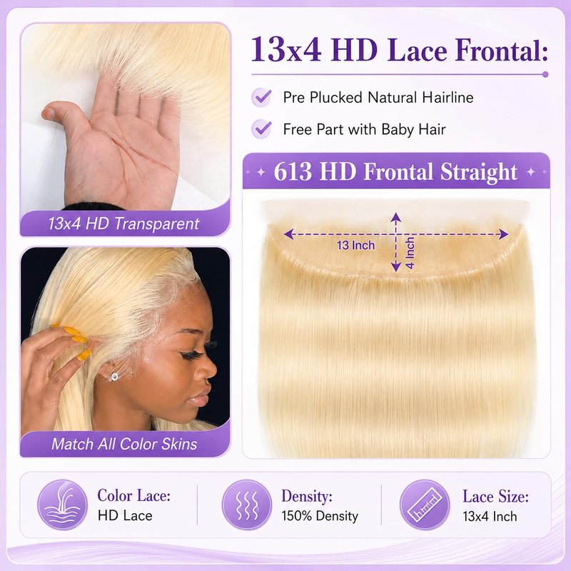 613 Blonde Frontal Human Hair - 13x4 Straight HD Lace, Pre-Plucked Natural Hairline | 14 Inch, Ear-to-Ear