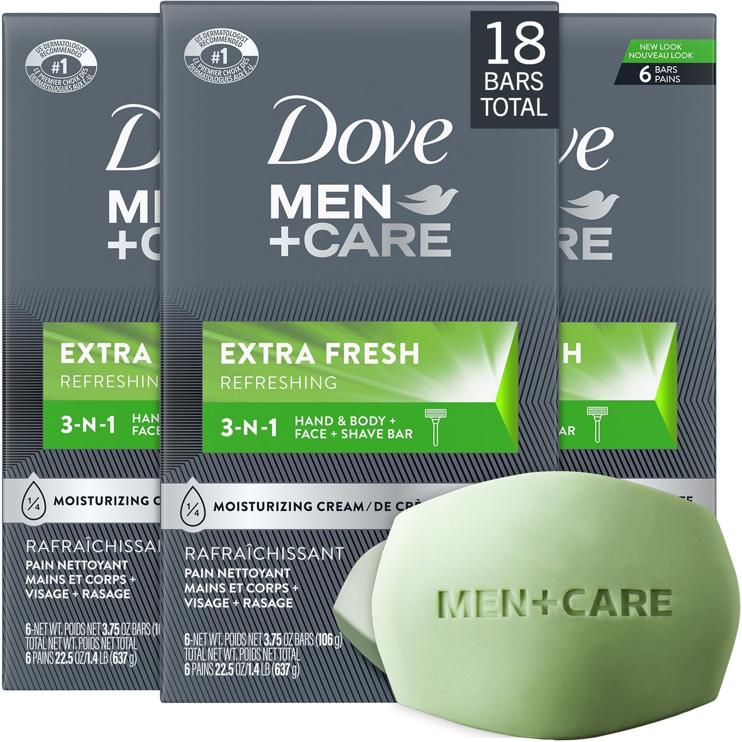 Dove Men+Care Soap Bar, Extra Fresh Scent 3-Pack (18 Bars) – Hydrating 3-in-1 Body, Hand, and Face Cleanser for Men, 22.5 Oz Ea