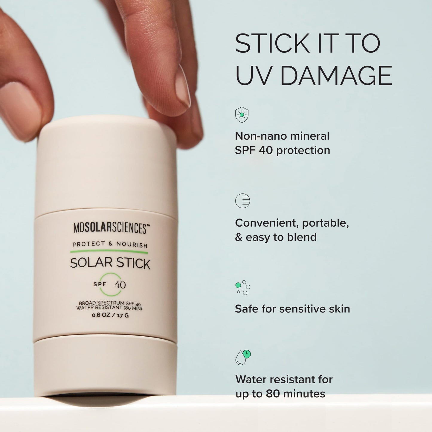 MDSolarSciences Solar Stick SPF 40 – Water-Resistant Mineral Sunscreen – Broad Spectrum UV Protection – Blendable Zinc Oxide Travel Stick – Smooth, Sheer and Natural Matte Finish, 0.6 Oz