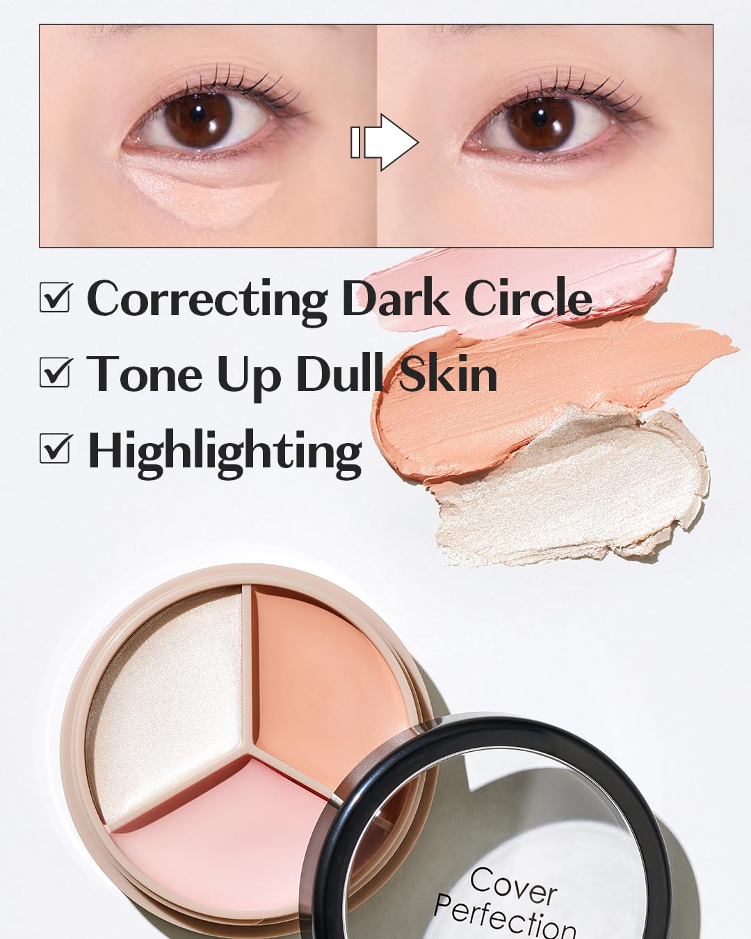 THESAEM Cover Perfection Triple Pot Concealer - 05 Dark Up Beige for Dark Circles & Under-Eye - 3-Color Multi Concealer Palette with Volume & Brightening - Korean Makeup with Sweet Almond Oil
