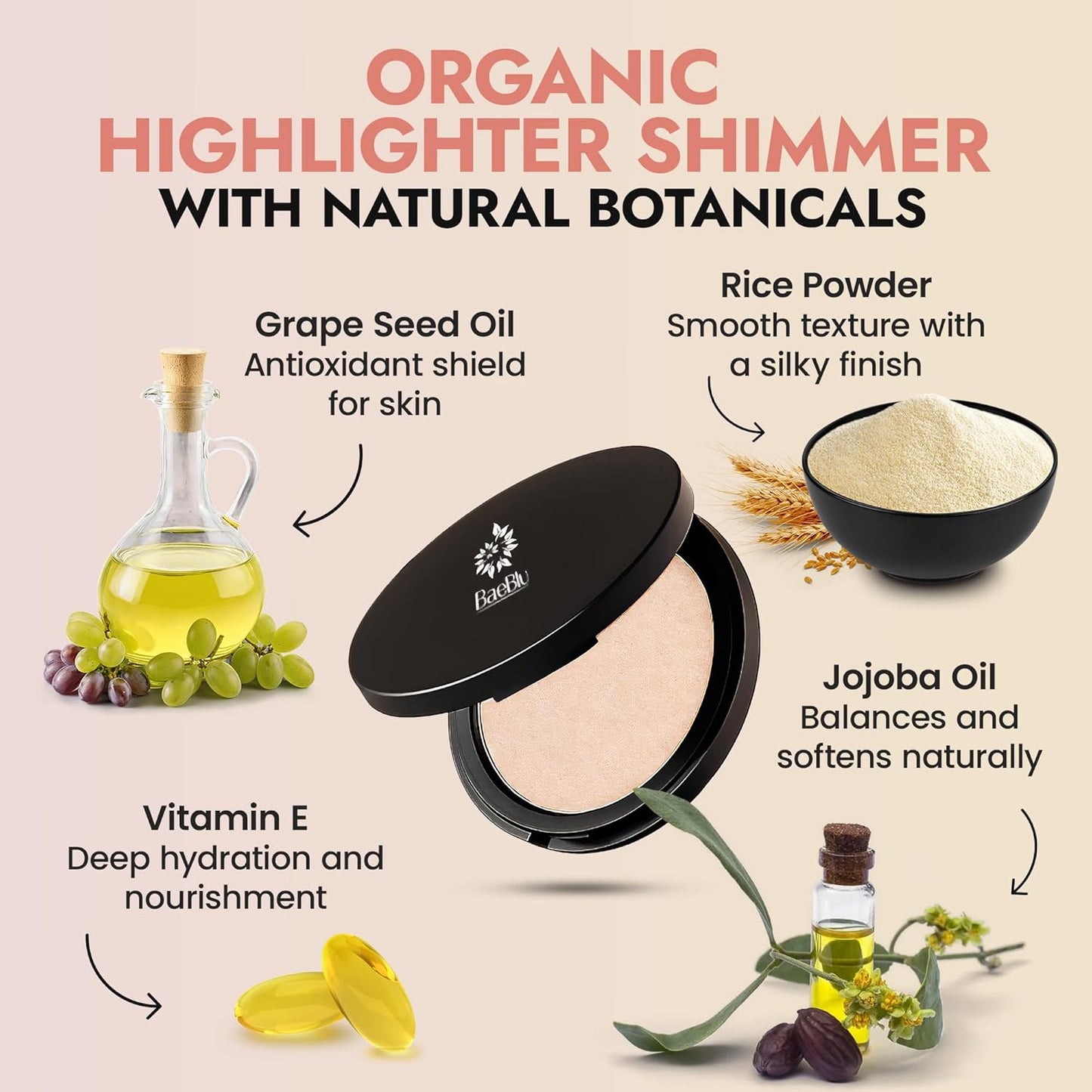 Organic Highlighter Makeup Powder - Talc-Free Vegan Shimmer for Face, Body & Collarbone | Lightweight Diamond Dust Finish