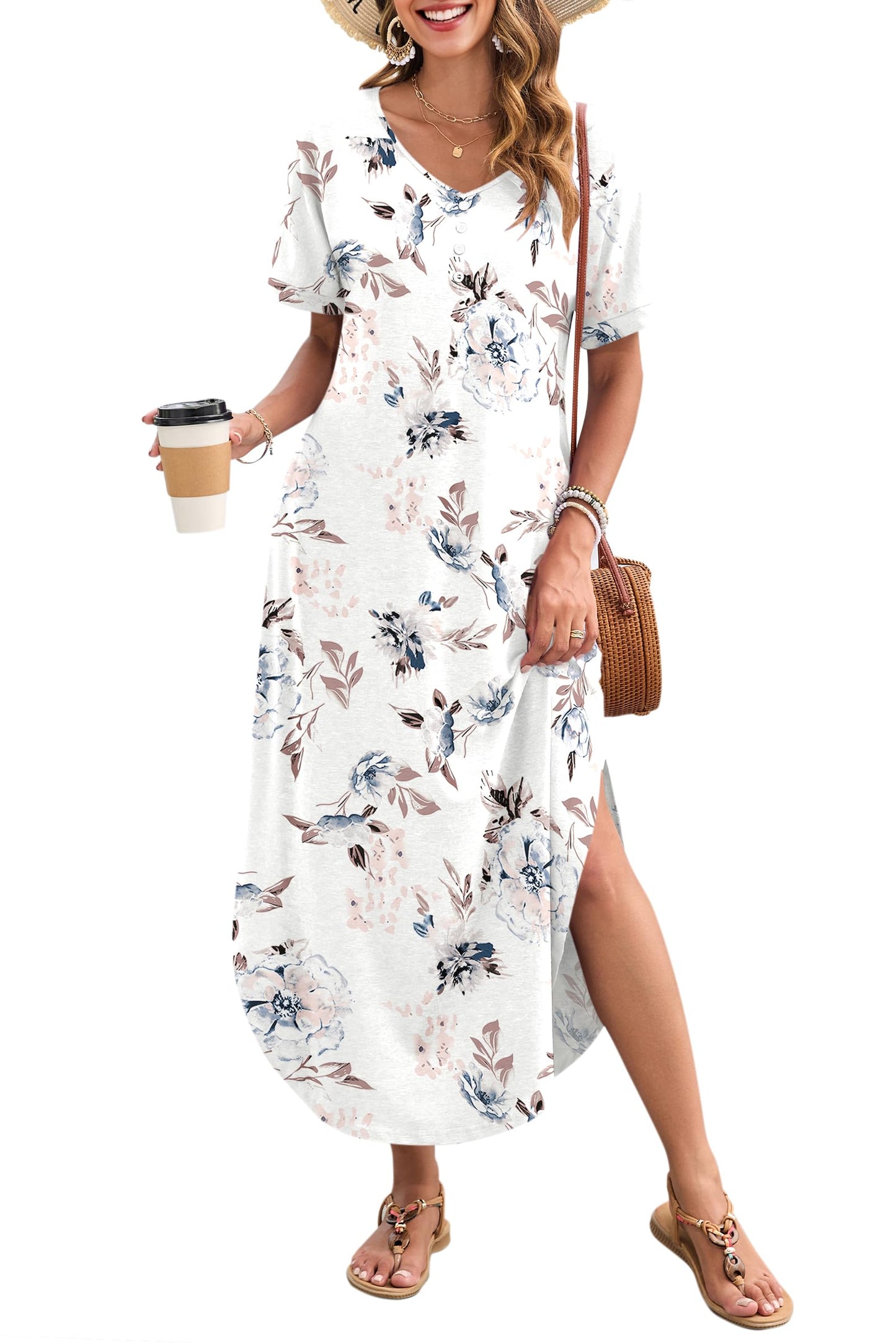 MOLERANI Women's Summer Maxi Dress 2026 Short Sleeve V Neck Casual Loose Sundress Long Beach Split Dresses with Pockets