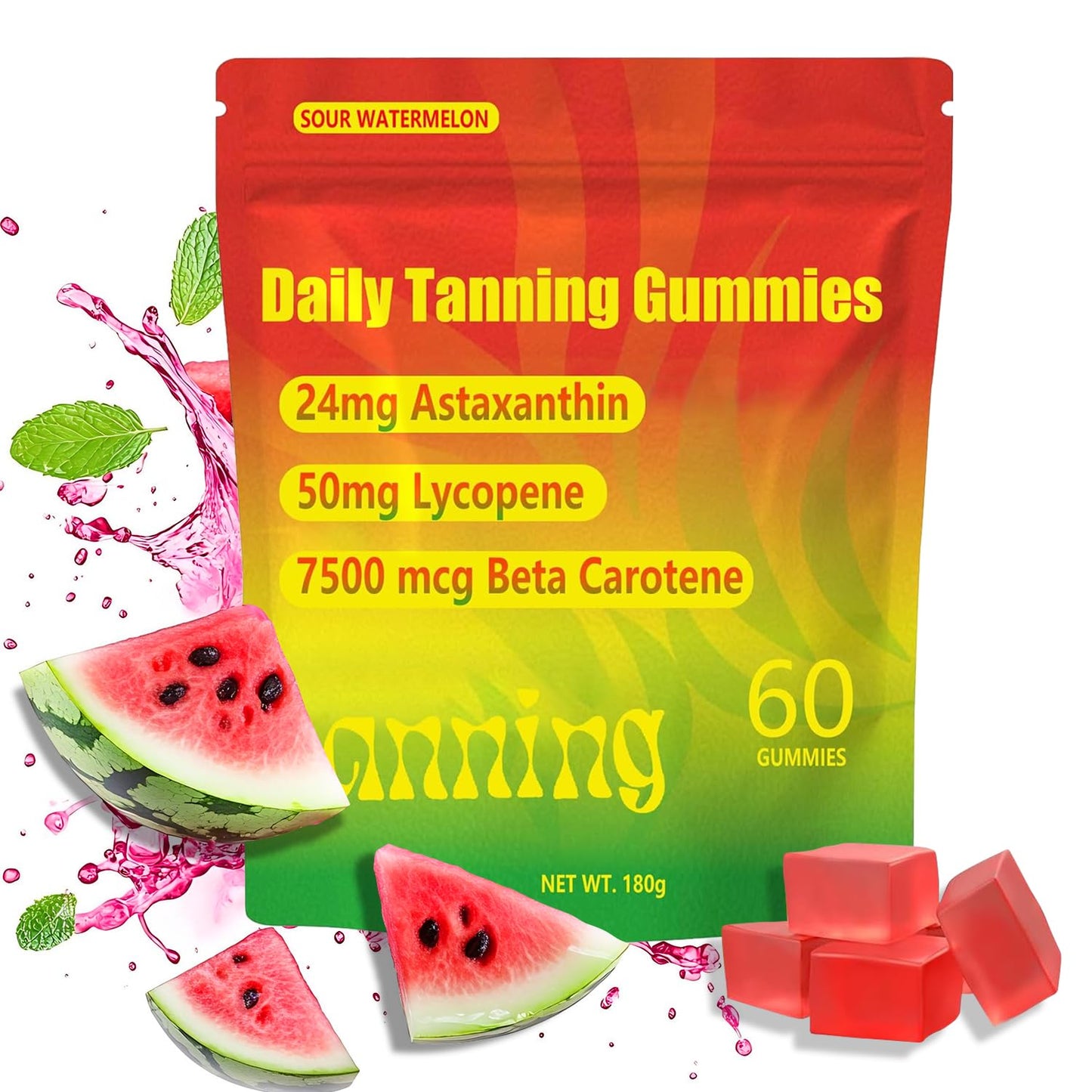 TailTrespass Tanning Gummies, Daily Tanning Gummies with Astaxanthin, Lycopene & Beta Carotene for Skin Health & Glow, Vegan, Non-GMO, 60 Count