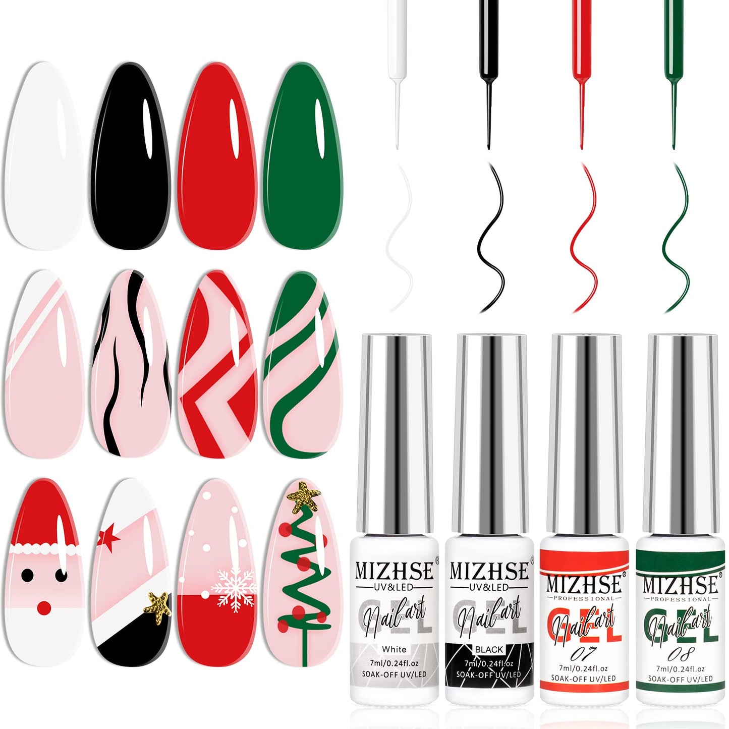 MIZHSE Gel Liner Nail Art Polish Christmas Spider Line 7ml, Drawing Painting Swirl French Nail Design, Green Red Manicure Set for Gel Paint