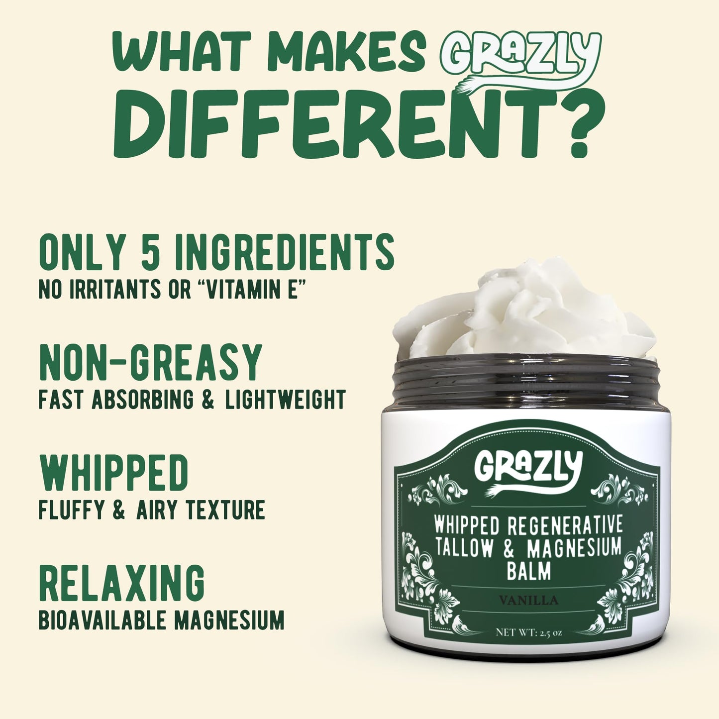 Grazly Whipped Beef Tallow for Skin - Vanilla, 2.5 oz