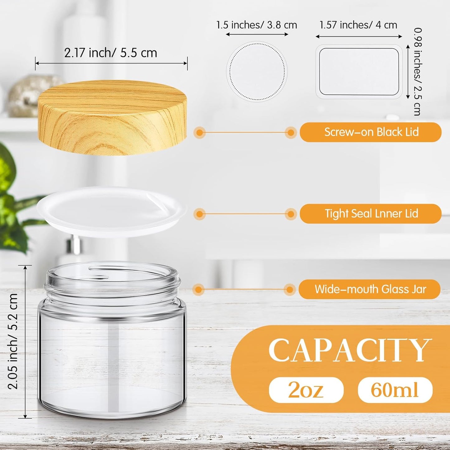 Clear Glass Jars - 36 Pcs 2oz/60ml Airtight Cosmetic Containers with Woodgrain Lids | Perfect for Creams, Lotions, DIY Projects