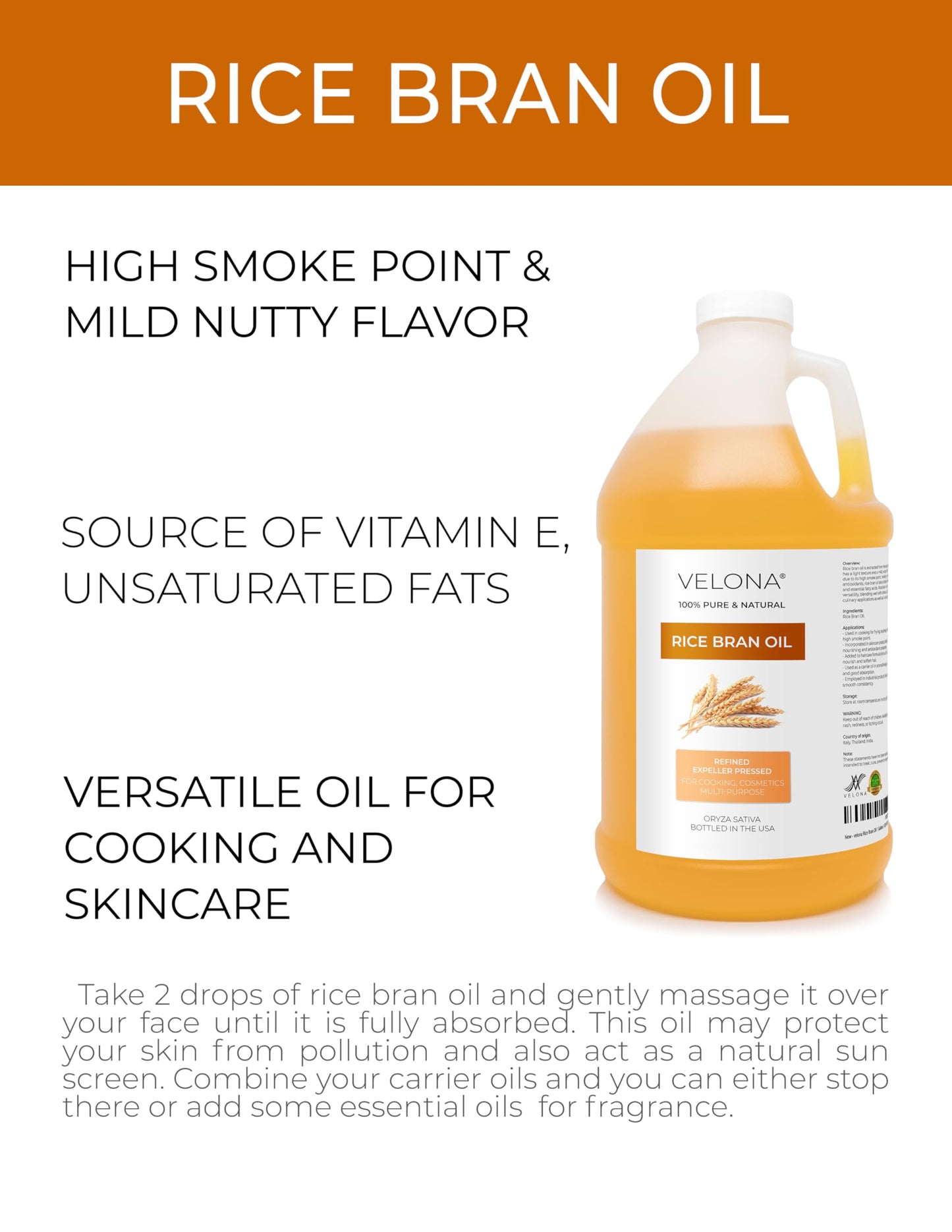 velona Rice Bran Oil 64 Fl Oz | 100% Pure and Natural Carrier Oil | Refined, Cold Pressed | Cooking, Face, Hair, Body & Skin Care | Use Today - Enjoy Results
