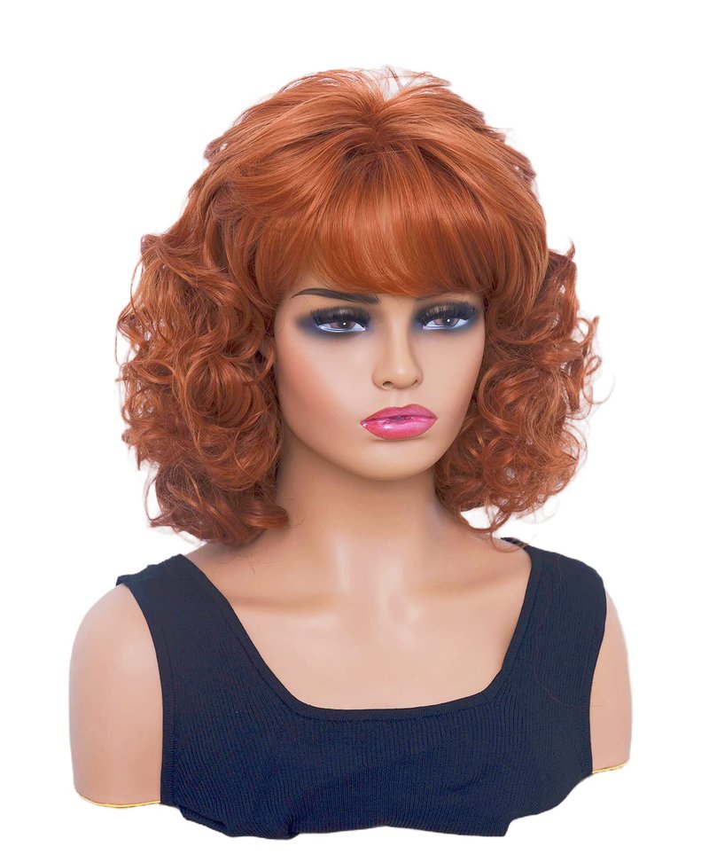 Gerulyss Short Copper Red Wigs for Women Auburn Wavy Shoulder Length Wig with Bangs Synthetic Ginger Curly Natural Wig for Role Play,Halloween,Daily Use
