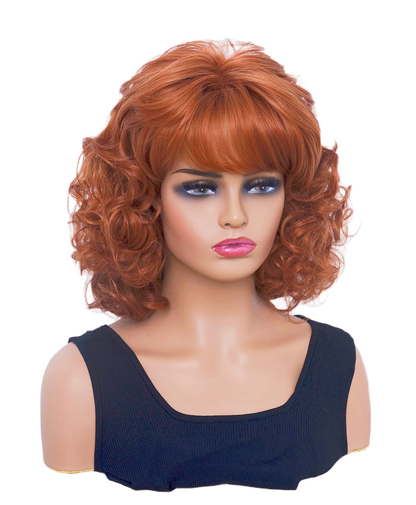 Gerulyss Short Copper Red Wigs for Women Auburn Wavy Shoulder Length Wig with Bangs Synthetic Ginger Curly Natural Wig for Role Play,Halloween,Daily Use