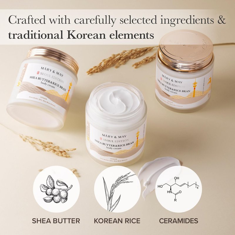 Mary&May SEOUL EDITION Shea Butter & Rice Bran Body Cream - Korean Vegan Boby Moisturizer for Dry and Sensitive Skin with Ceramide - Fragrance Free Body Butter, 8.45oz.