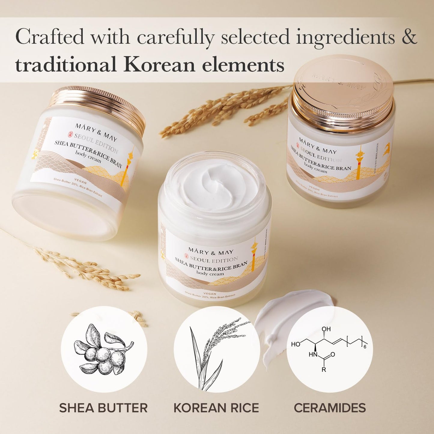 Mary&May SEOUL EDITION Shea Butter & Rice Bran Body Cream - Korean Vegan Boby Moisturizer for Dry and Sensitive Skin with Ceramide - Fragrance Free Body Butter, 8.45oz.