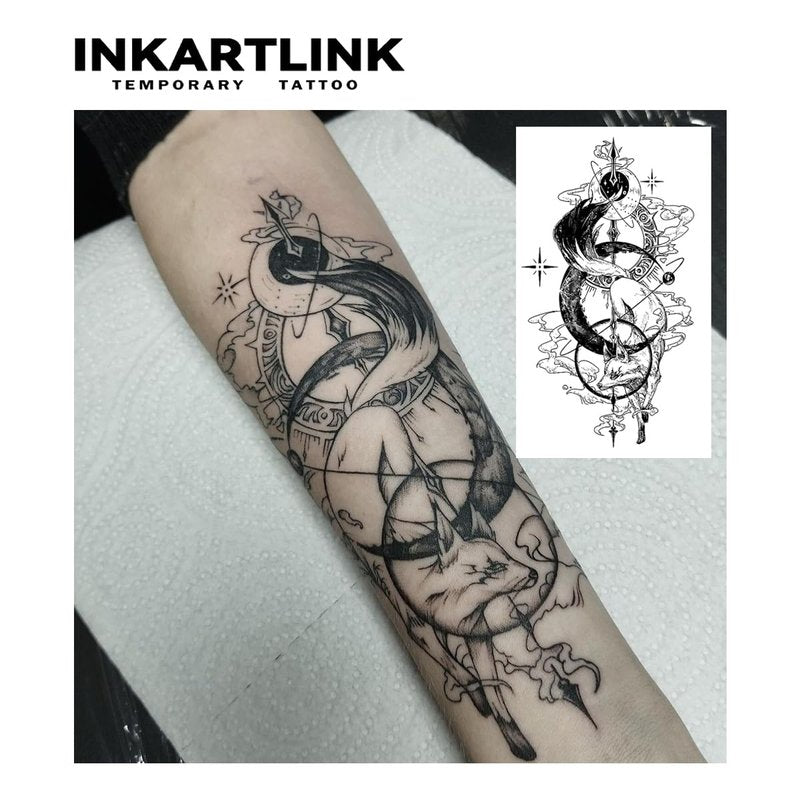 INKARTLINK Tattoo Tech, 2 Sheets Extra-Large Semi Permanent Tattoo, Adult Art Design Temporary Tattoos, Lasts 1-2 Weeks, Waterproof, Realistic Look, No Adhesive, No Reflection (Fox God Design)