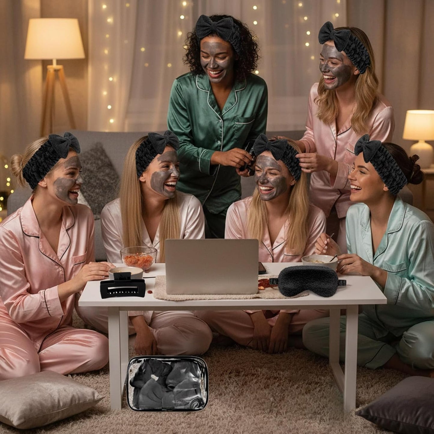 Spa Party Favors Set - 24 Pcs with Headbands, Plush Eye Masks & Hair Claw Clips | Black Cosmetic Bags for Sleepovers
