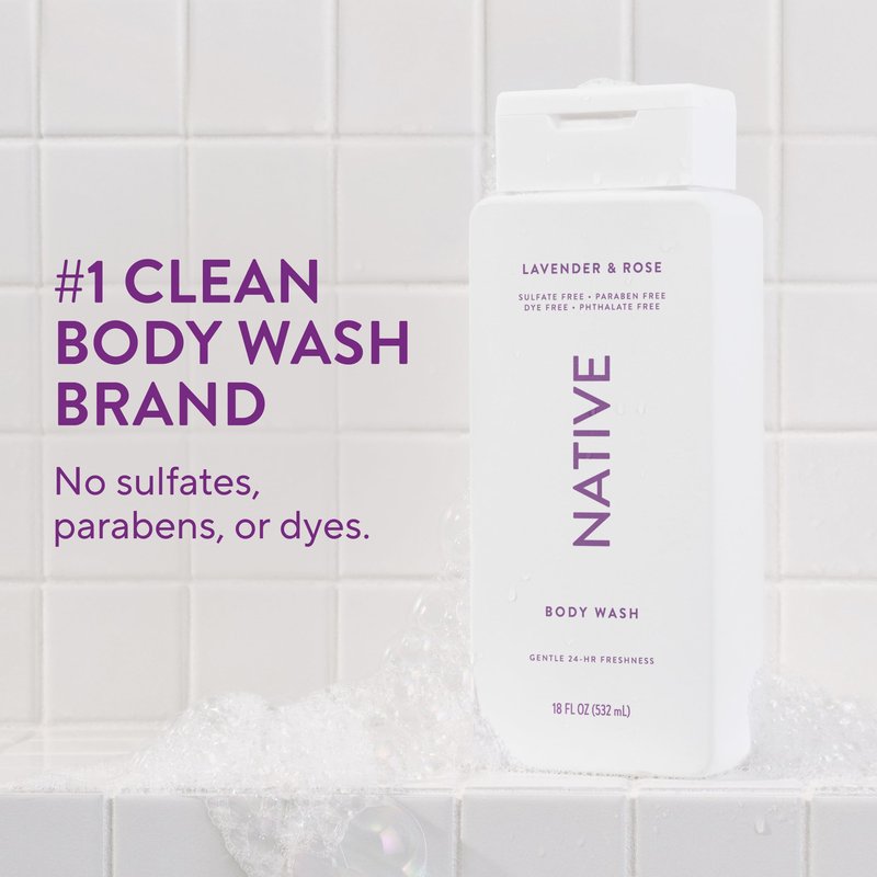 Native Lavender & Rose Scent 24-Hr Refreshing Clean Body Wash for Women & Men, for All Skin Types Incl. Sensitive, Leaves Skin Feeling Clean & Soft, Free of Phthalates, Sulfates & Parabens, 18 oz