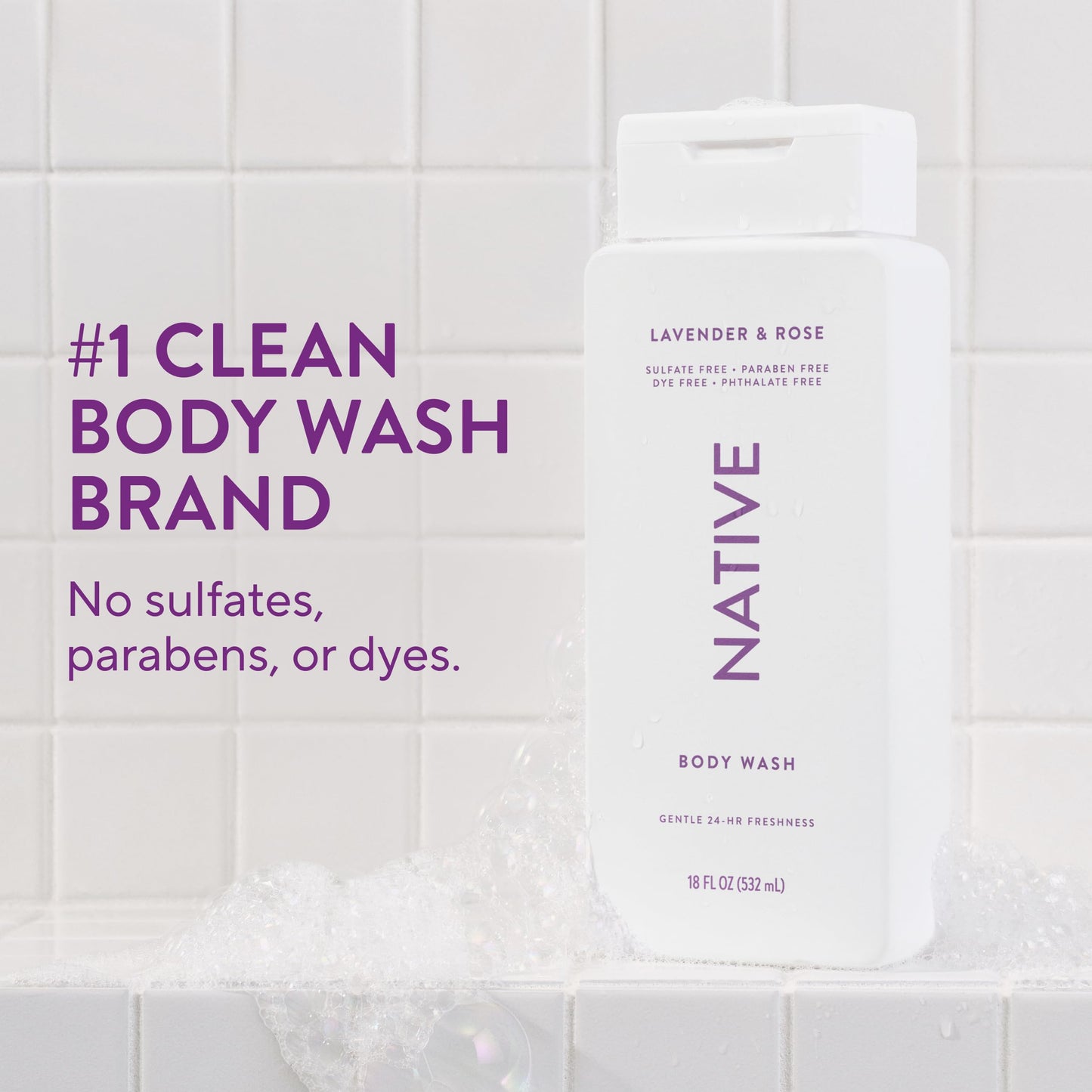 Native Lavender & Rose Scent 24-Hr Refreshing Clean Body Wash for Women & Men, for All Skin Types Incl. Sensitive, Leaves Skin Feeling Clean & Soft, Free of Phthalates, Sulfates & Parabens, 18 oz