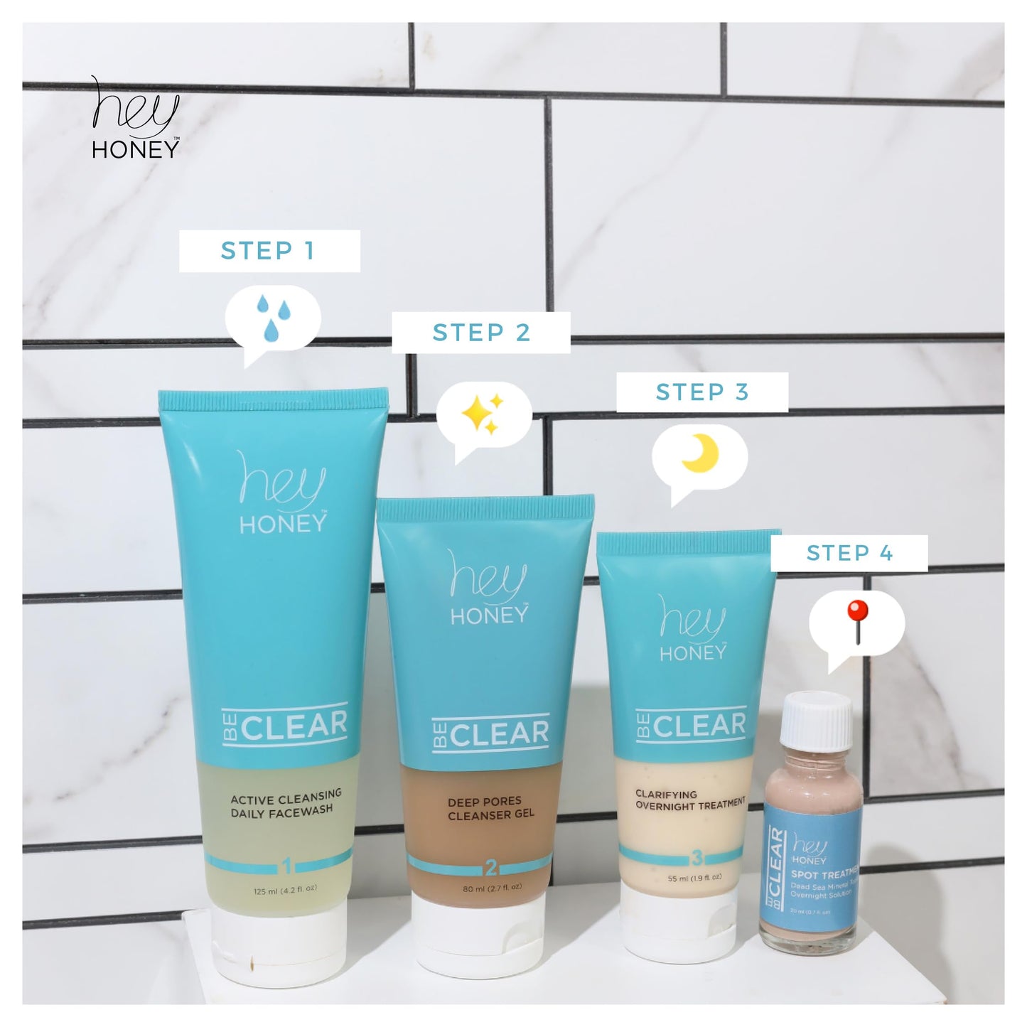 Hey Honey Skincare Be Clear Acne Routine | Daily Active Cleansing Face Wash | Youth & Young Adults, Blemishes Prone | Propolis & Gentle Exfoliating Acids | Fast & Long Lasting Oil Control | 5 fl oz