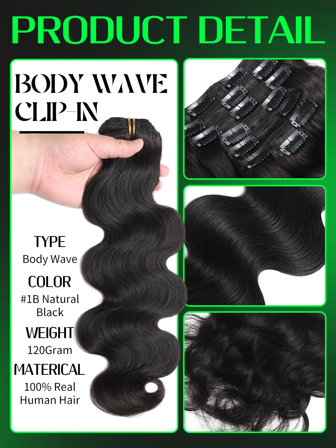Anrosa Straight Clip In Hair Extensions 14 Inch Seamless Clip Ins #1 Jet Black Remy Human Hair Extensions for Women 120g 7pcs