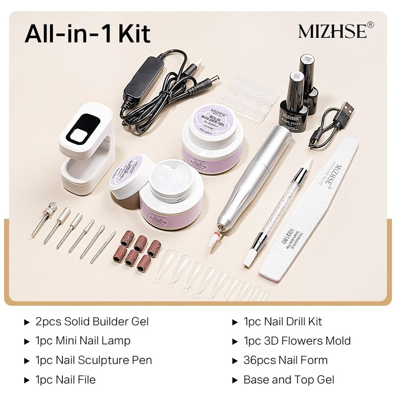 MIZHSE Solid Builder Nail Gel Kit - Clear White 3D Sculpting Gel with Nail Drill & UV Lamp for DIY Manicure