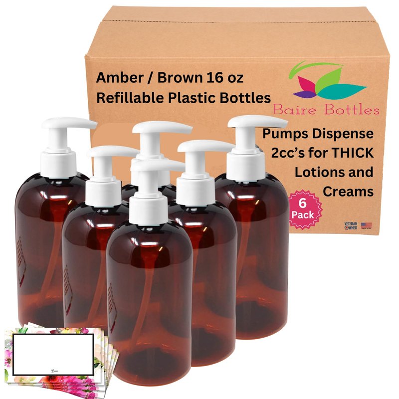 Baire Bottles 16 oz Empty Refillable Plastic Pump Bottles Dispenser for Thick Products 6 Pk, PET BPA Free, Refillable Shampoo Lotion Soap Labels USA (Amber/Brown, White Lotion Pumps, Floral Labels)