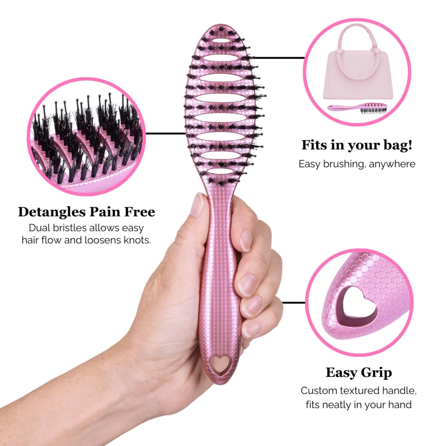 HAPPY HAIR Happy Detangler Mini Brush with Boar Bristles & Nylon Pins | Designed by Women to Detangle & Smooth Thick, Fine or Curly Hair | Pain-Free Slick Back Brush, Compact & Lightweight (Pink)