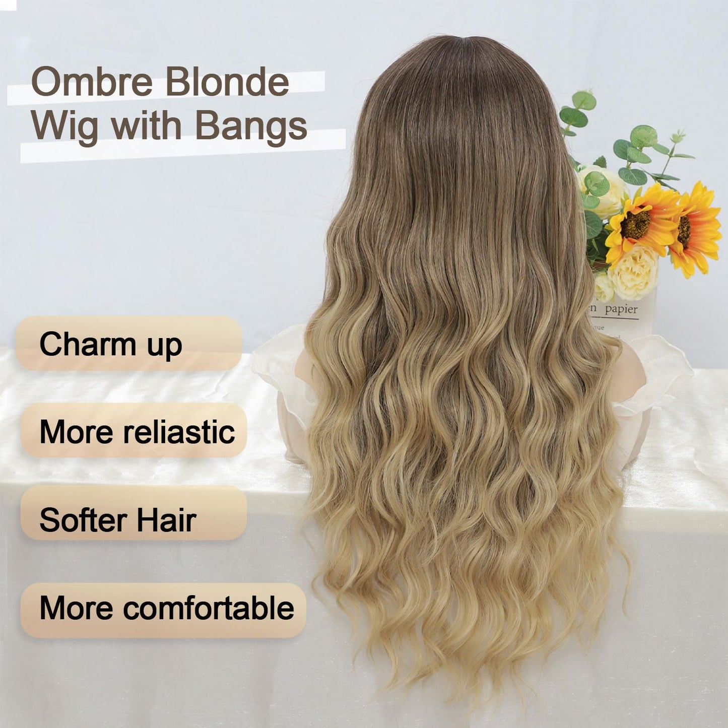 QYDEERY Black Wig with Bangs for Women Long Wavy Wigs Curly Synthetic Wig Natural Looking Hair Heat Resistant Wigs for Daily Party Use