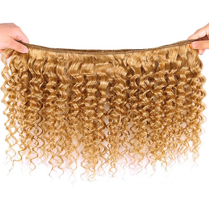 Honey Blonde Human Hair Bundles 14 16 18 Inch Deep Wave Bundles Human Hair Unprocessed Native Virgin Hair 100/PC 3 Extensions #27 Blonde Color Wet and Wavy Human Hair Extensions for Women