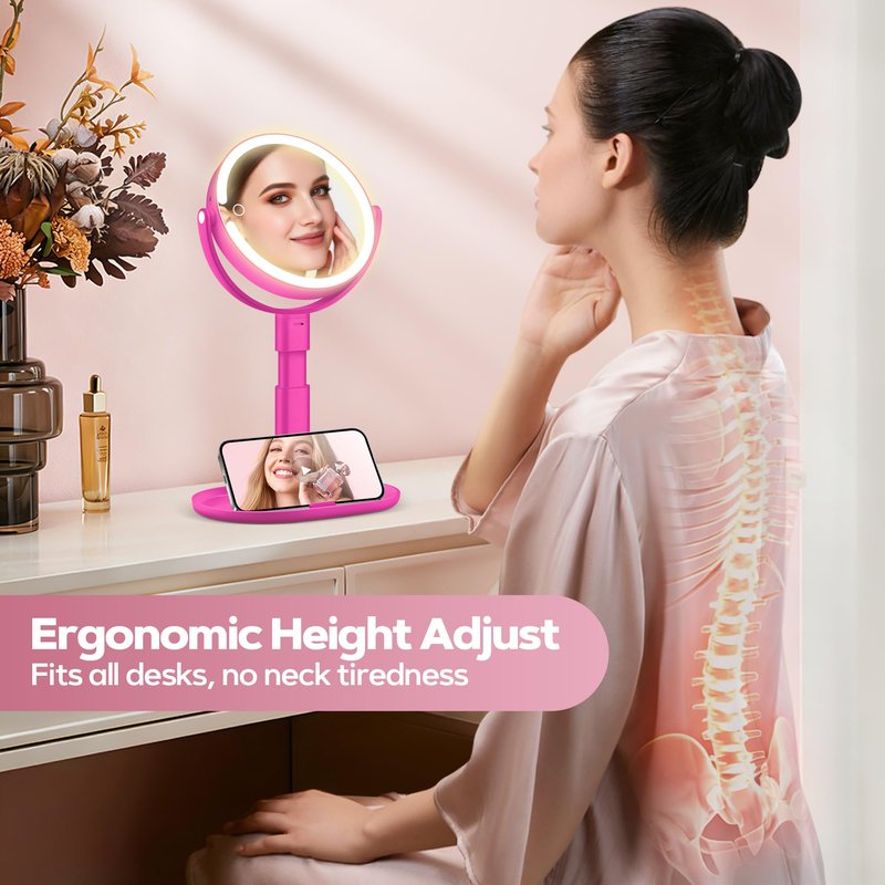 MOMOKUBA Makeup Mirror with Lights, 30X Magnifying & Height Adjustable, Lighted Magnifying Mirror with 3 Light Modes and Stepless Dimming, Vanity Mirrors for Bathroom, Birthday Gift for Women, Hotpink