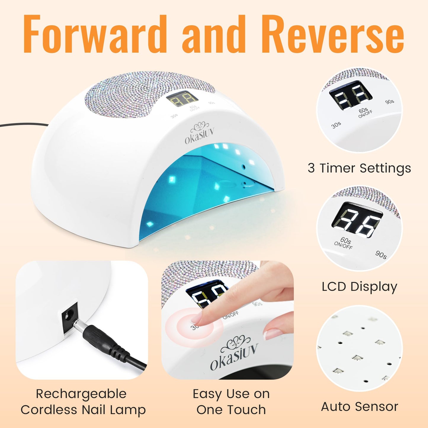 Okasiuv Rechargeable UV LED Nail Lamp with Diamond Design & Touch Control - 3 Timer Settings, Fast Curing for All Gel Polishes, Portable UV Nail Dryer for Professional Salon & Home