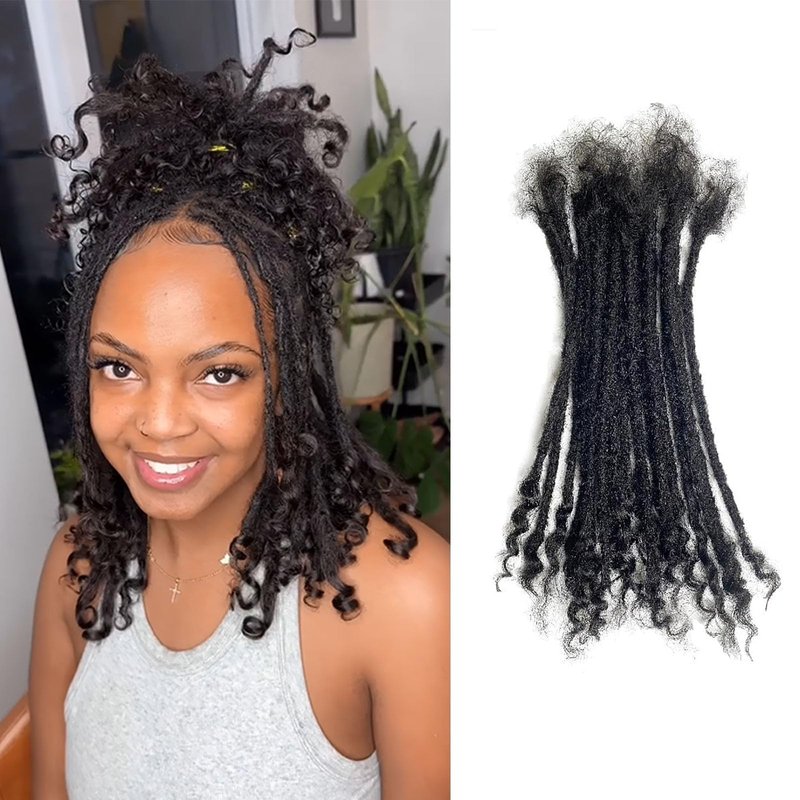 100% Human Hair 0.4cm Width 8 Inch 30 Strands Loc extensions Human Hair with Curly Ends Full Handmade Dreadlock Extensions Can be dyed and bleached for Men Women Kids