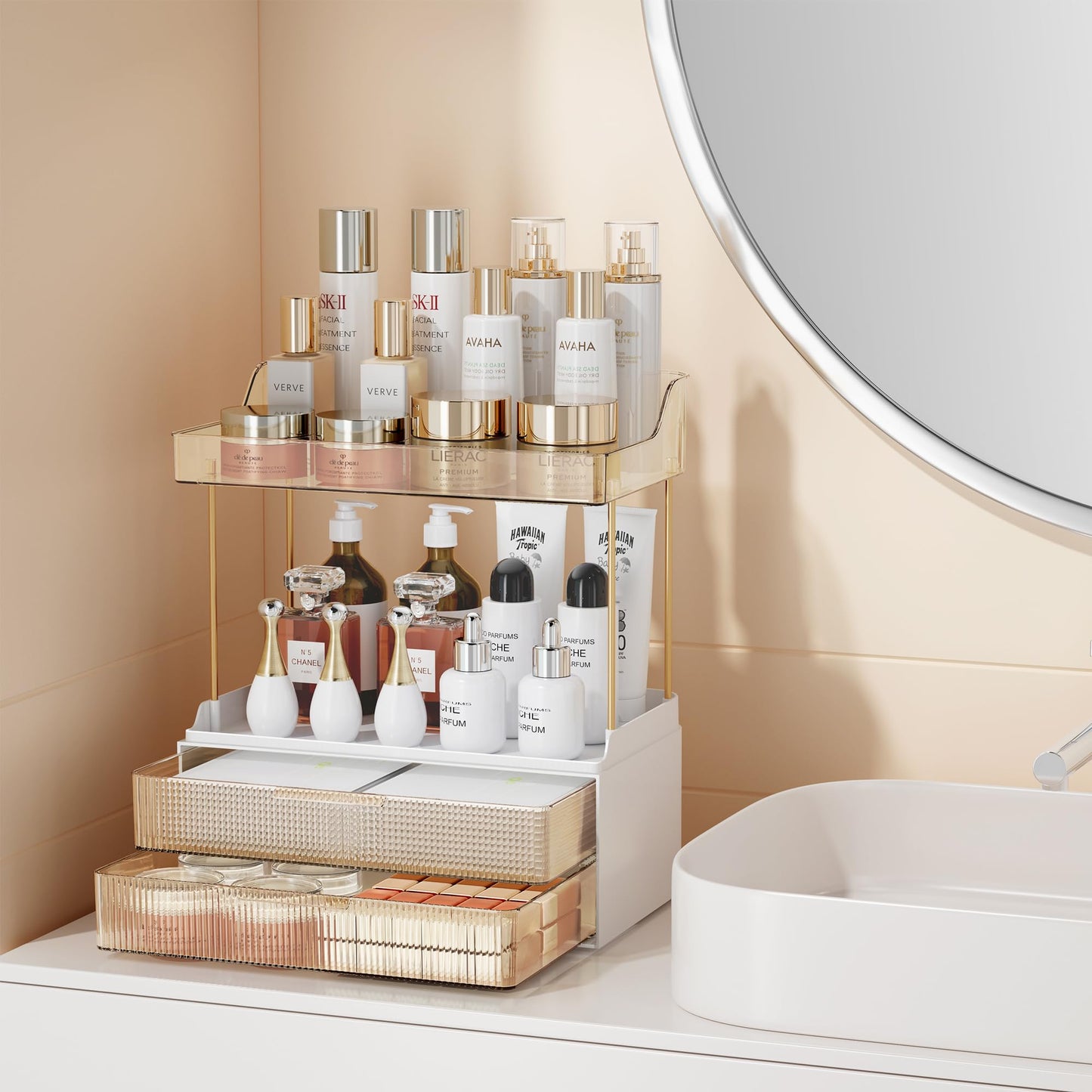DOADW Bathroom Countertop Organizer with 2-Drawer, 3 Tier Makeup Organizer for Vanity, Large Multi-Purpose Makeup Skin Care Organizer for Vanity, Clear